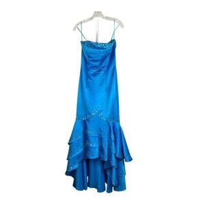 Blue Strapless Hand Beaded Y2K Asymmetrical Mermaid Prom Formal Dress Sz 10
